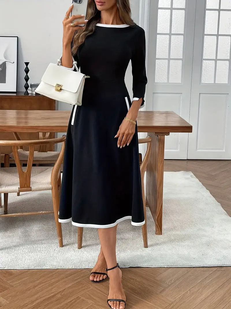 conservative women's dresses How To Dress But Cute Autum Love Dark blue stylish stripes Functional buttons along the bodice womens conservative casual elegant 3