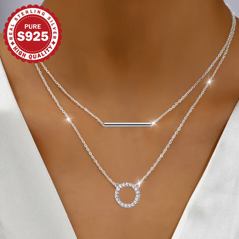 

1pc Necklace, S925 Pure Silver Double Layer Geometric Simple Clavicle Chain, High-end Luxury, Suitable For Multiple , Best Gift For Halloween, Christmas, Low Allergy 2.5g