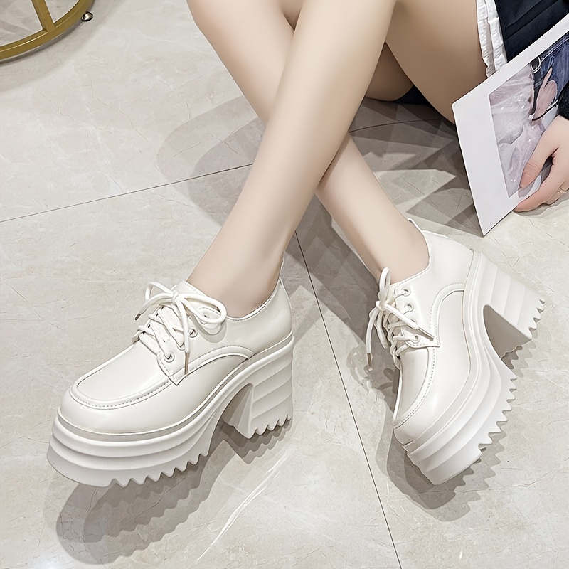 womens chunky heel lace loafers white platform dress shoes Temu