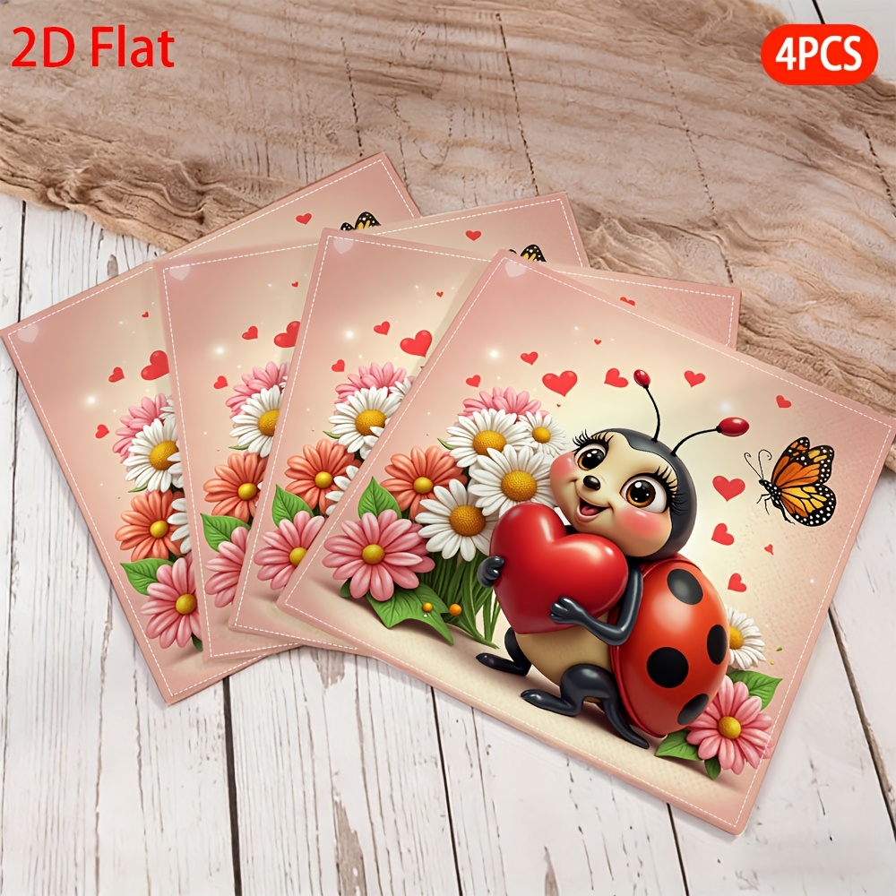 TEMU 2d Flat, 4pcs, Cartoon Ladybug Holding Red Heart With And Flower Bush, Themed Table Napkins, Christmas, Easter Decoration Gift, Suitable For