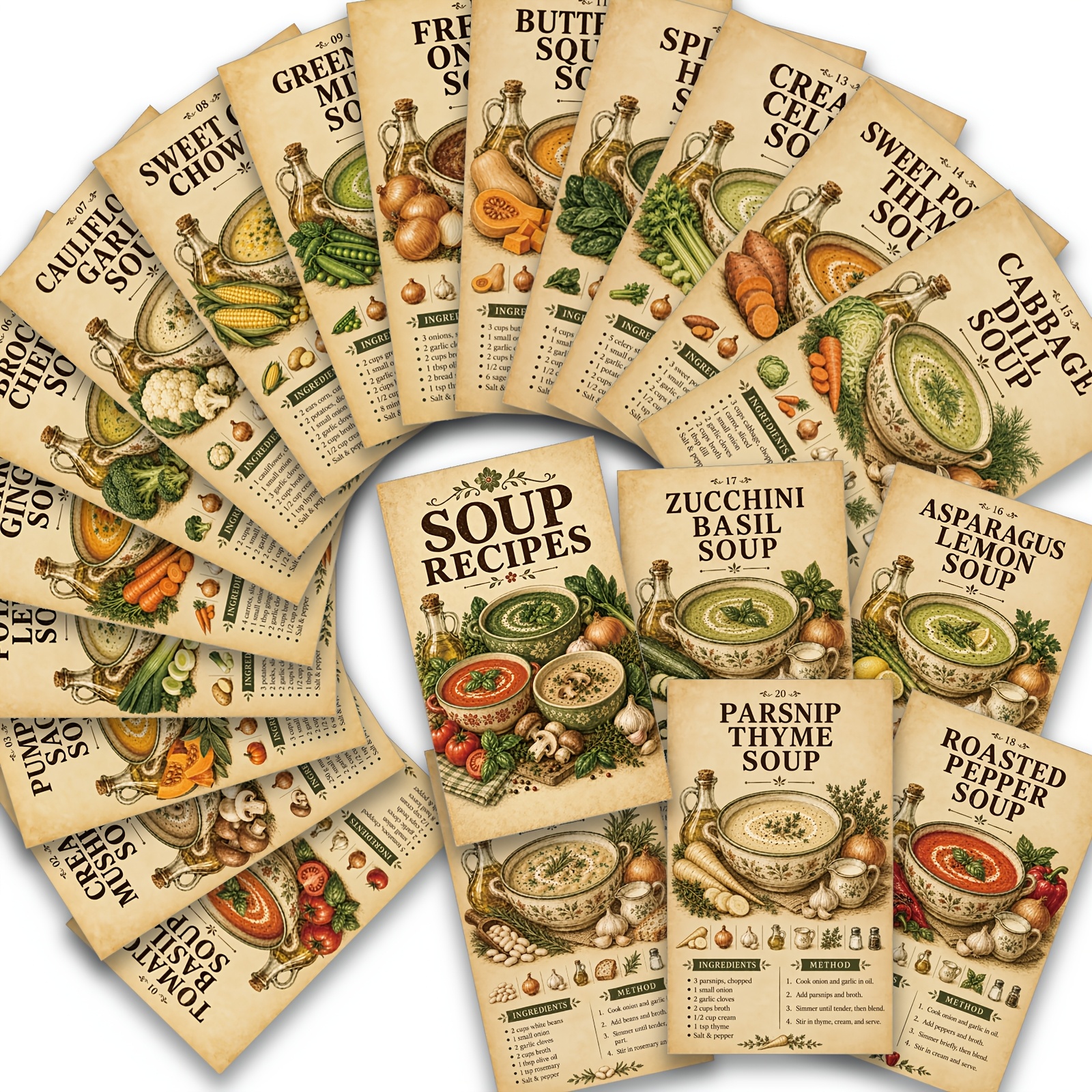 TEMU 20 Cartes de Recettes de Soupes Végétariennes Saines Vintage - Formules Simples et Classiques de Plats Réconfortants avec Ingrédients Facilement