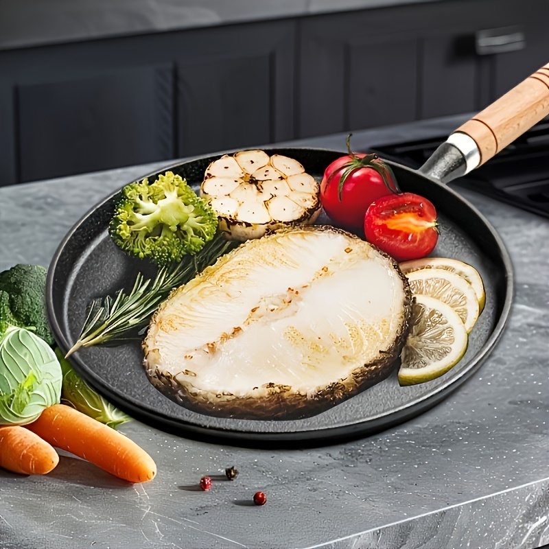 1pc   thick cast iron non stick frying pan with wooden handle   omelets pancakes   steak frying pan essential kitchen cookware for effortless cooking 8
