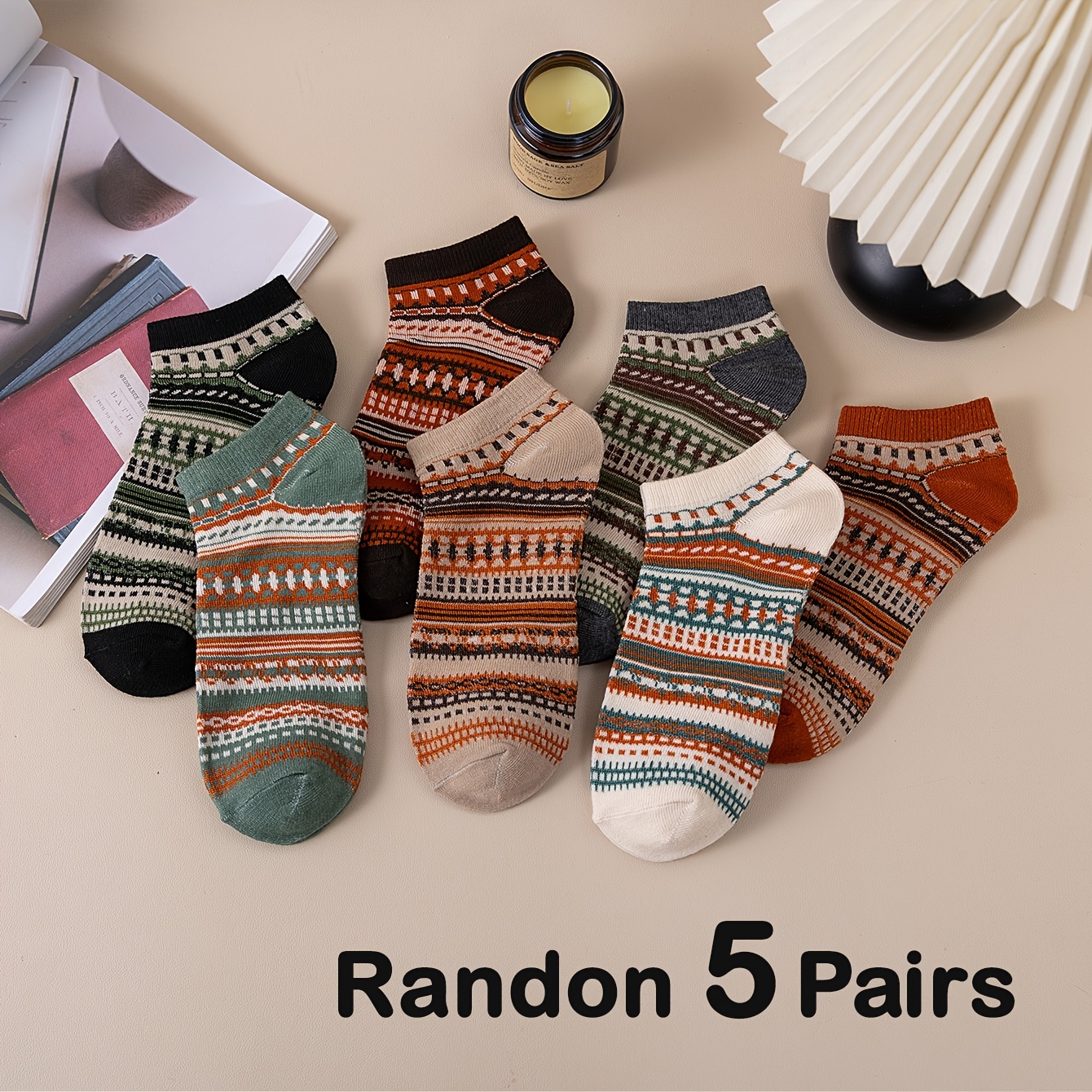 TEMU 5-pair Pack With Random Patterns, Breathable, Vintage Style, Versatile For Casual Wear, Unisex, Suitable For Daily Use. Casual, Versatile,