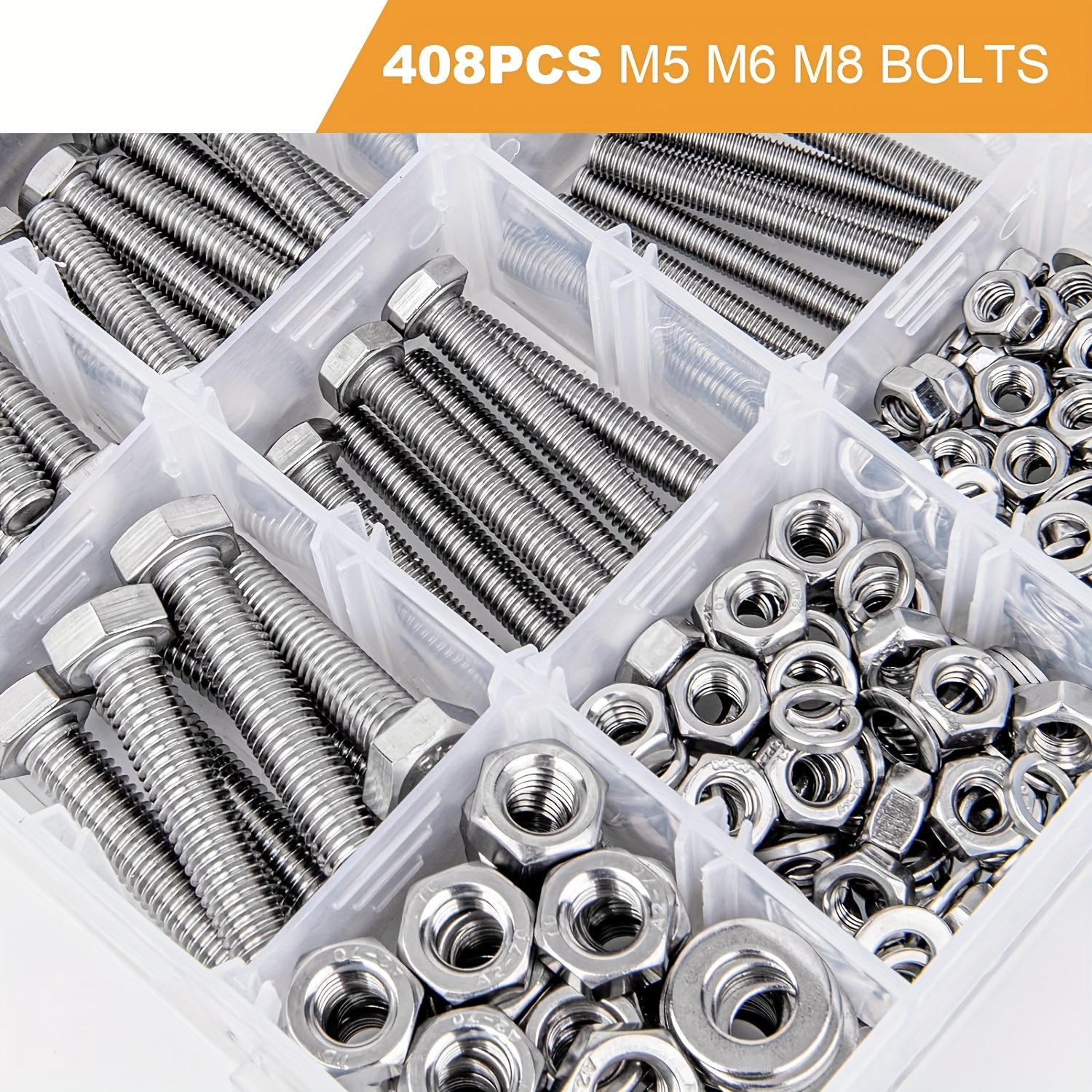 

408pcs M5 M6 M8 Bolt And Nut Combination Kit, 304 Stainless Steel Hex Metric Bolt Nut Washer Kit, Fully Threaded