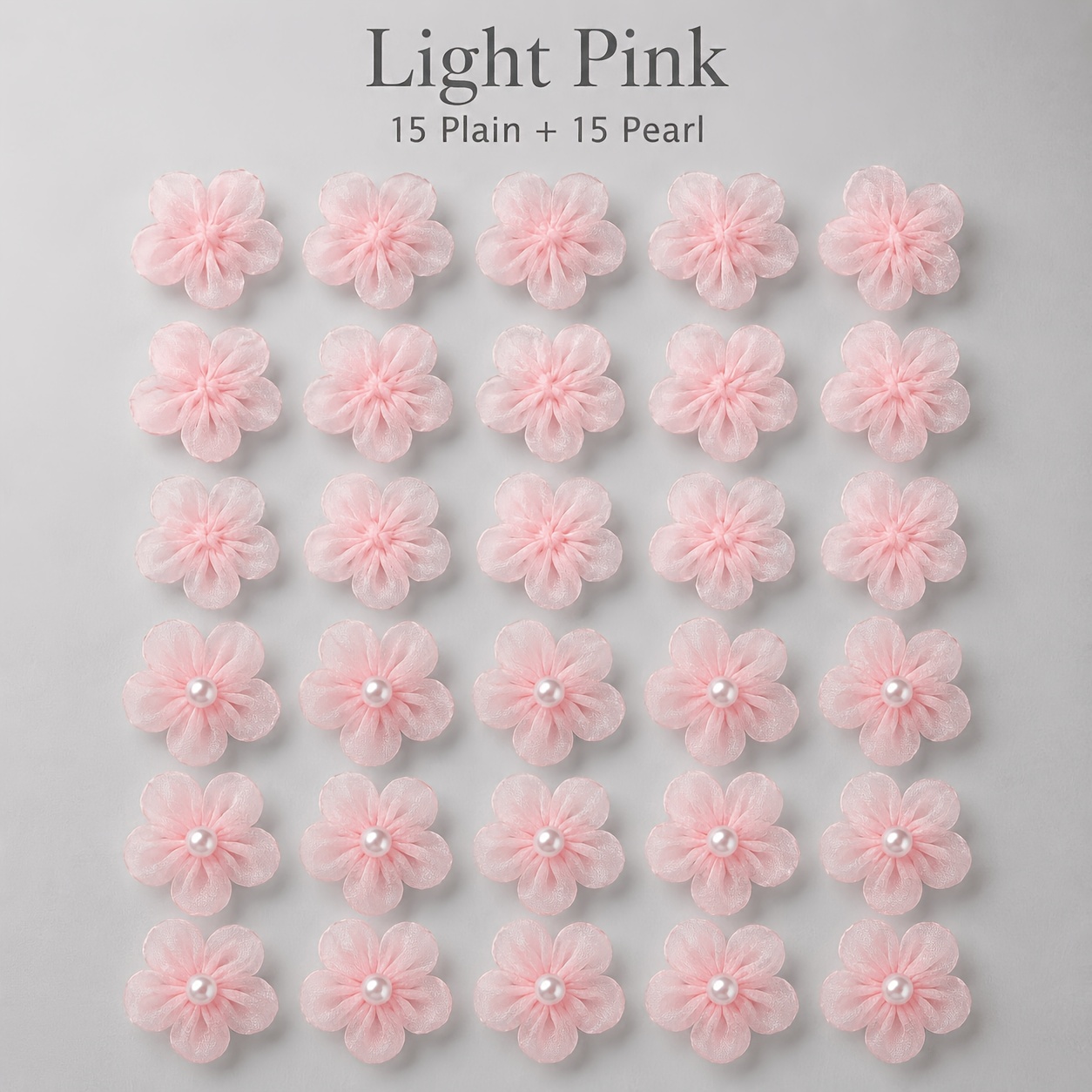 TEMU 30pcs Diy Handmade Fabric Floral Tulle Fashion Accessories Set: 3.5cm Ethereal Realistic Flowers-15 -accented + 15 Plain Styles-combination Set