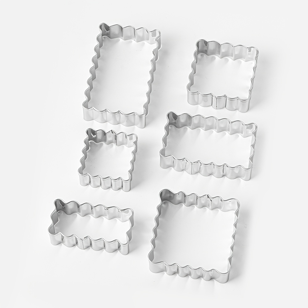 TEMU 6pcs Rectangle And Square Cookie Cutter Set, Stainless Steel With Scalloped Edge, Grooved Edge, Plaque Frame, Rectangular Cookie Mold, Fondant