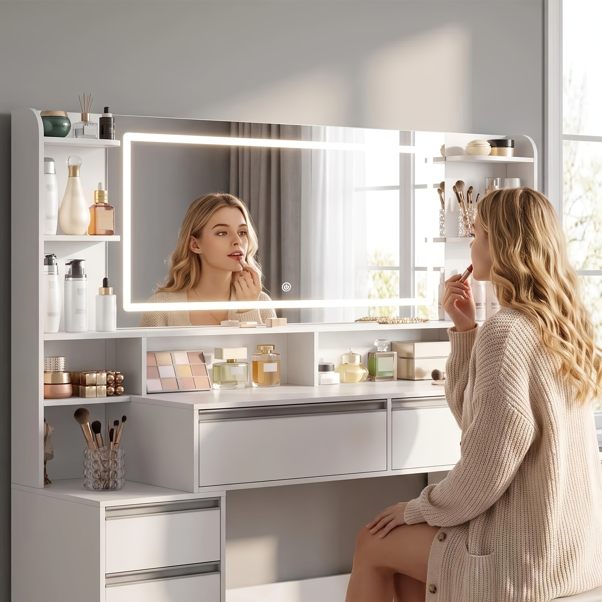 TEMU Grand coiffeuse de 134,3 cm avec grand , blanc/argenté, coiffeuse et support pour sèche-cheveux, 10 tiroirs, étagères ouvertes, pour chambre à