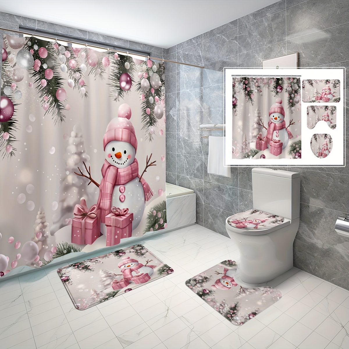 

1/3/4pcs Snowman Christmas Bathroom Shower Set, Christmas Snowman Bathroom Shower , 70.8x70.8inc, 12 , , Bathroom Mat, Bathtub , Toilet Mat And U-shaped Mat, Bathroom Shower , Christmas -