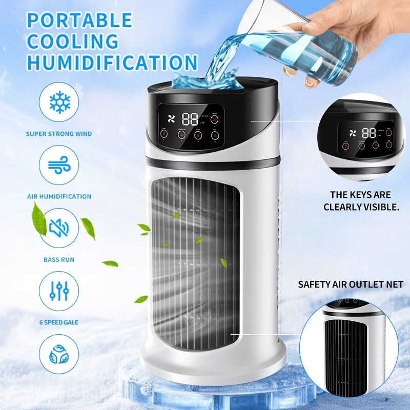 Mini ventilateur portable de refroidissement à air, conception multifonctionnelle trois en un, prend en charge 6 vitesses de vent, fonction d'humidification programmée de 6 heures, appareil de ventila