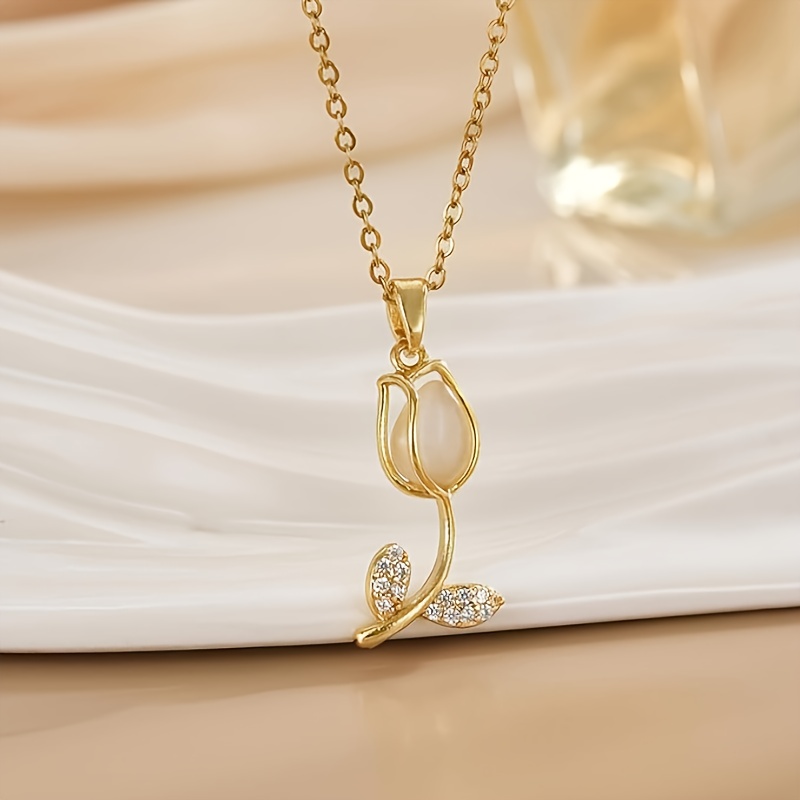 TEMU 316l Surgical Steel Hypoallergenic Necklace With 5a Cubic 5a Zirconia Tulip Pendant - 18k Golden Plated Elegant Minimalist Jewelry For ,