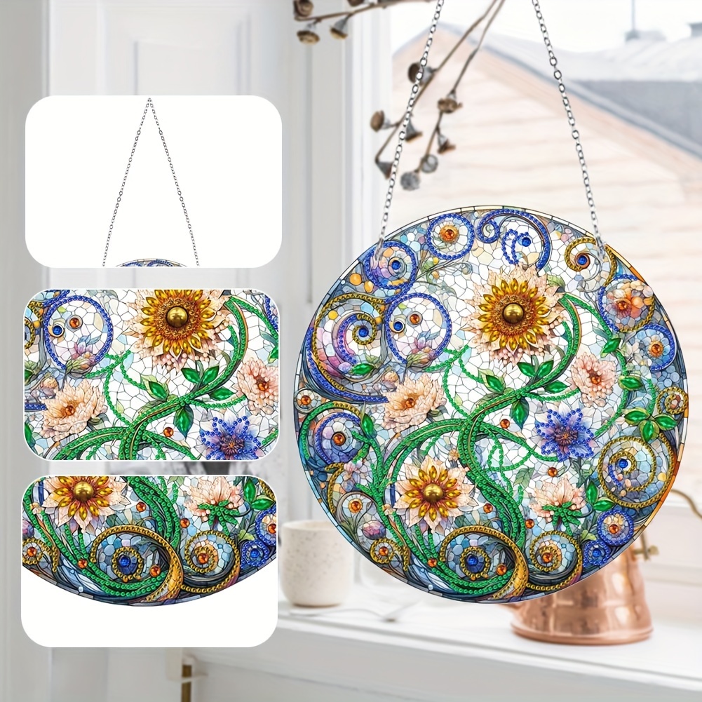 

Floral Diamond Painting Kit - Acrylic Sun Catcher With Irregular Shaped Diamonds, Double-sided Stained Glass Art Wall Hanging Decor, 9.84x9.84 Inches