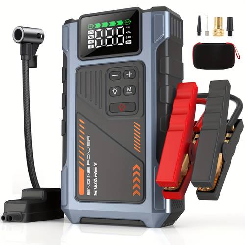 SWAREY 12000mAh Auto Jumpstarter Powerbank met 150PSI Luchtcompressor, 6000A Auto Accu Booster 12V Jumpstarter met Bandenpomp, met LCD Scherm, Jumpstarter Powerbank (7.5L Benzine/6L Diesel), LED Licht