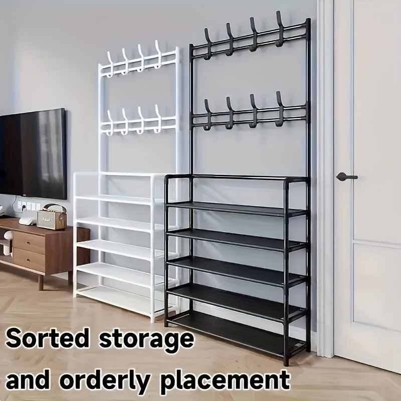 TEMU Versatile 60cm Wide Storage Rack With 4/5 Layers, 8 Dual Hooks - Ideal For Shoes, Jewelry & Watches - Easy Assembly, Perfect For Living Room, Bathroom & Hallway Organization