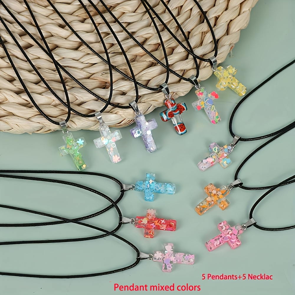 Image of 10pcs Luminous Sequined Cross Charms, Multicolor Sequined Resin Cross Pendant With Black Adjustable Leather Rope Chain Suitable For Necklace Earring Bracelet Jewelry Making