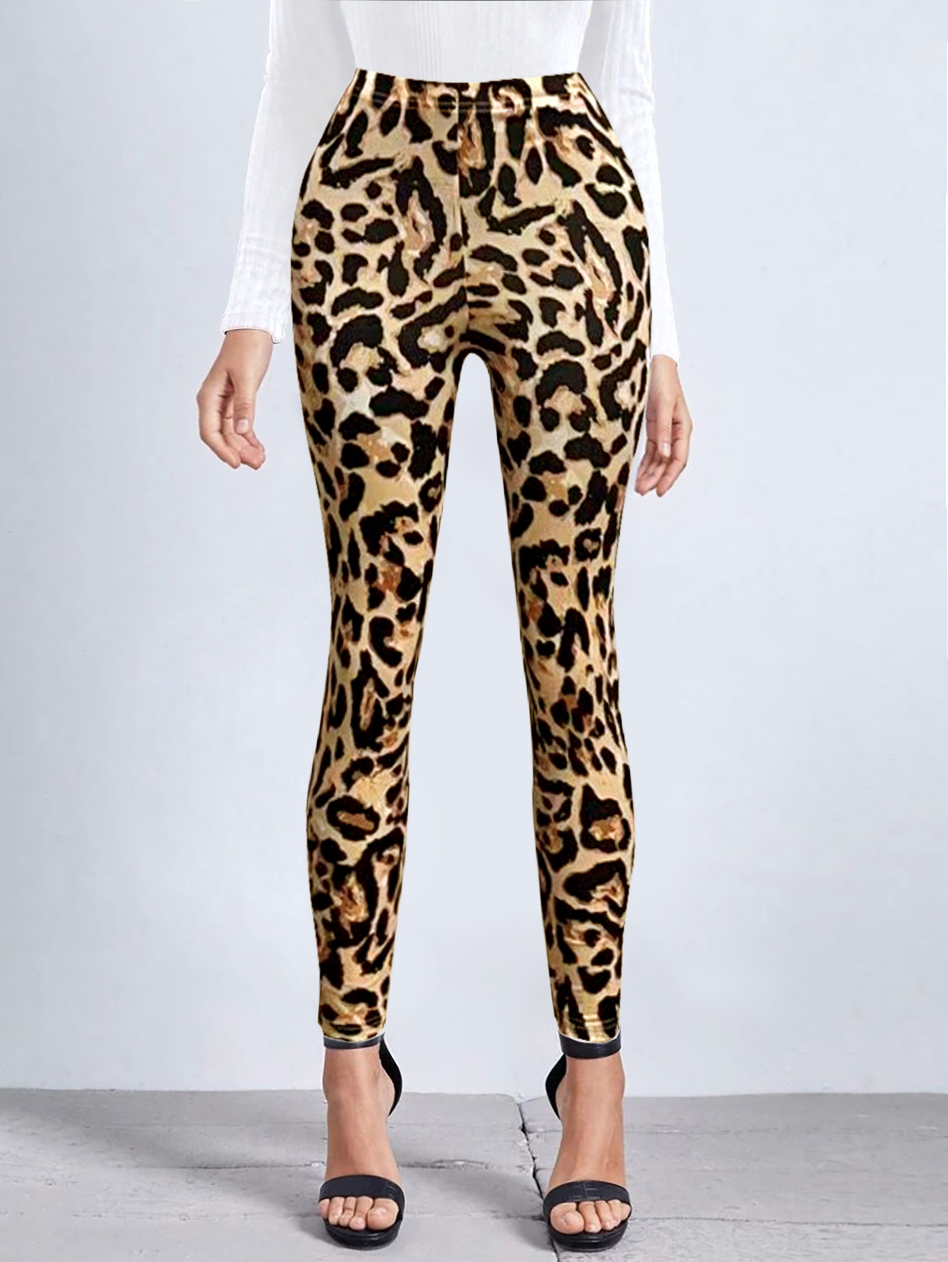 Leopard Print High Waist Leggings Casual Skinny Stretchy - Temu