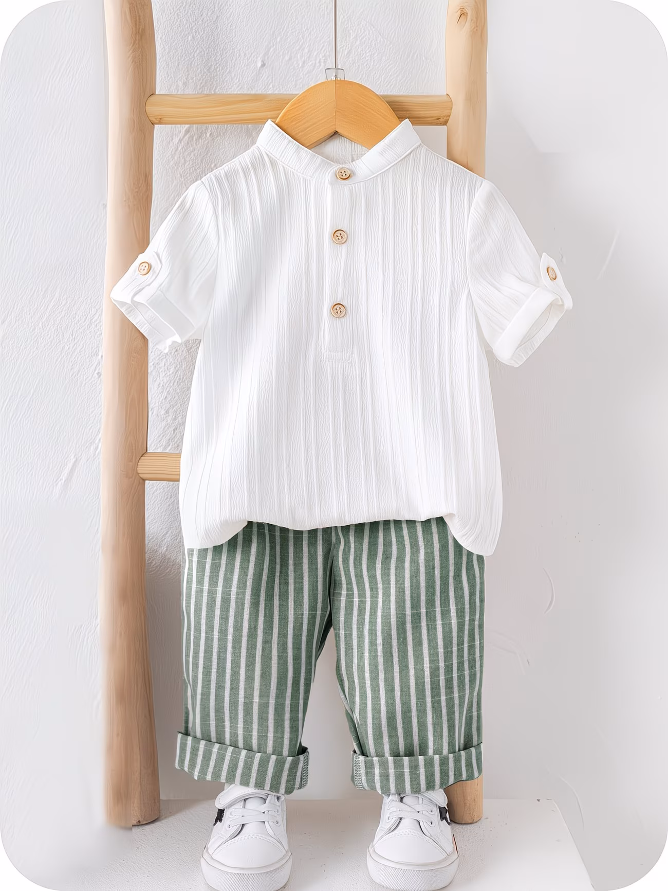 ensemble 2 pièces pour enfants, style dété, comprenant une chemise à manches courtes et col , et un pantalon décontracté à rayures, idéal pour lextérieur. 0