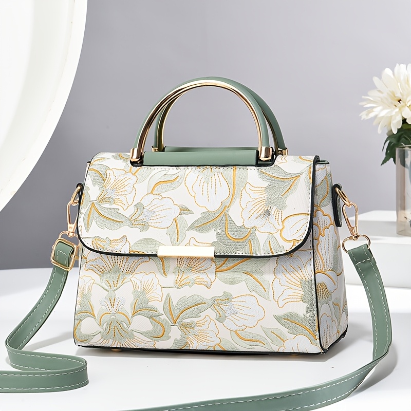 Elegant Floral Print Women's Handbag - Stylish Crossbody Bag with Golden-Tone Hardware, White Base & Black/Beige Floral Pattern, Lightweight & Spacious for Everyday Use