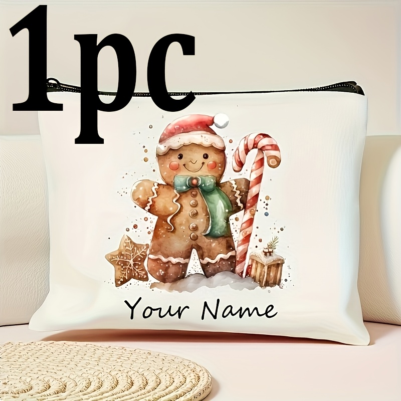 TEMU [custom] 1pc Personalized Men/women Makeup Bag With Cute Christmas Gingerbread Man Design - Custom Name Cosmetic Bag, Portable Makeup Pouch,