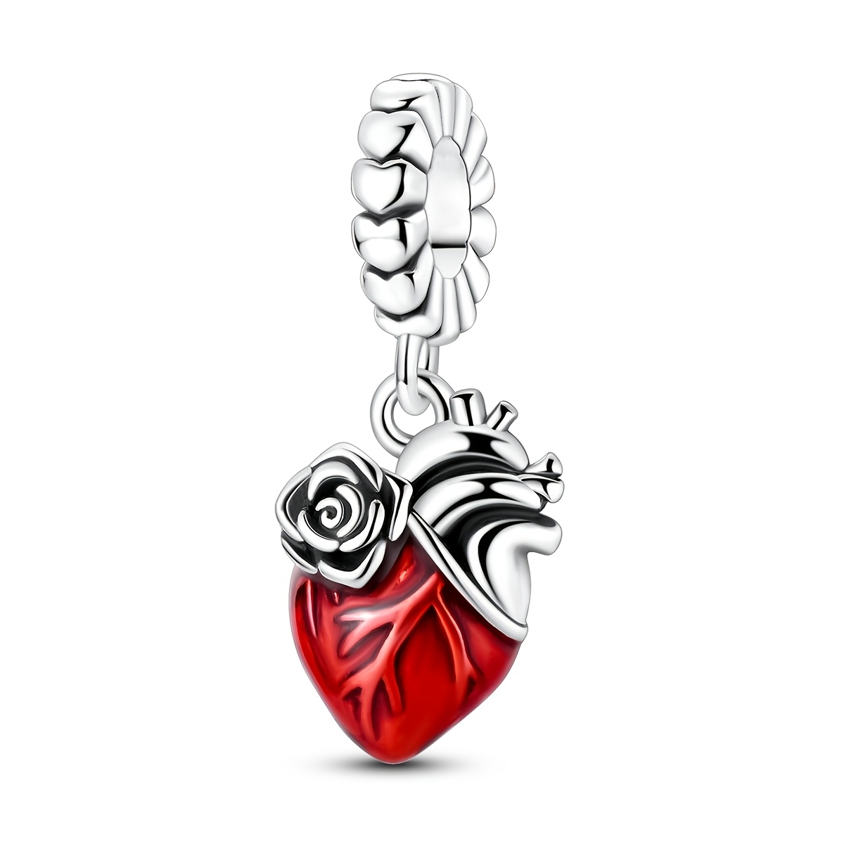 TEMU 1 pz. Design Originale Argentato Ciondoli Perline per Donne Rosa Cuore Ciondoli Eleganza Gioielli Regali Scatola Imballaggio alla Creazione
