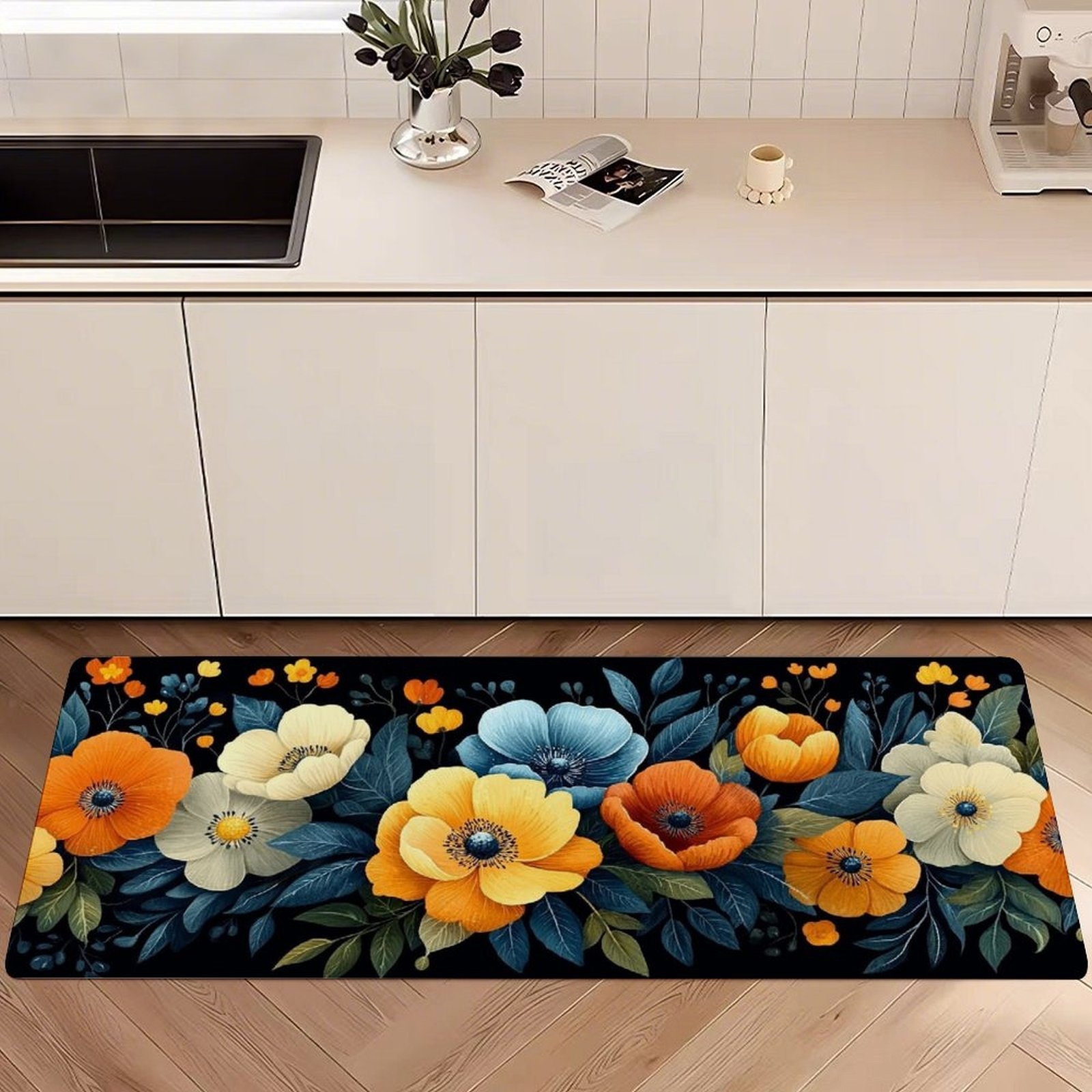 tapis de cuisine long avec motif floral - orange, jaune,   vif, polyester durable, lavable en machine, tapis rectangulaire pour cuisine, entrée, canapé, couloir,  , salon, salle de bain, tapis de cuisine, accessoires de cuisine, tapis de cuisine antidérapant, tapis de cuisine, tapis de cuisine pour sol antidérapant, tapis de cuisine antidérapant lavable, tapis de cuisine, tapis de cuisine antidérapant lavable