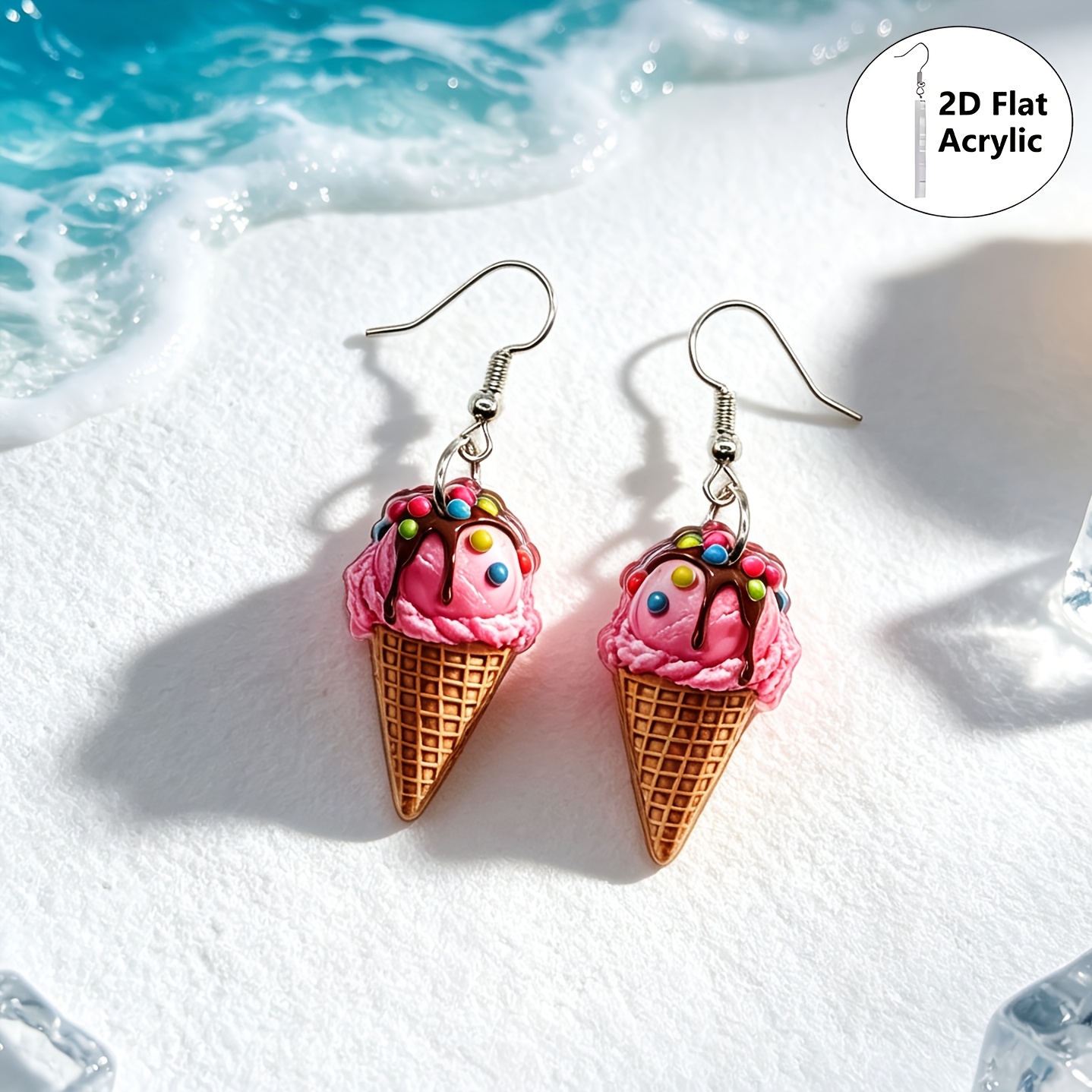 TEMU Pareja de aretes planos 2D, dulces, de waffle, helado, de acrílico, de dibujos animados, lindo colgante colgante, joyería de regalo para fiestas