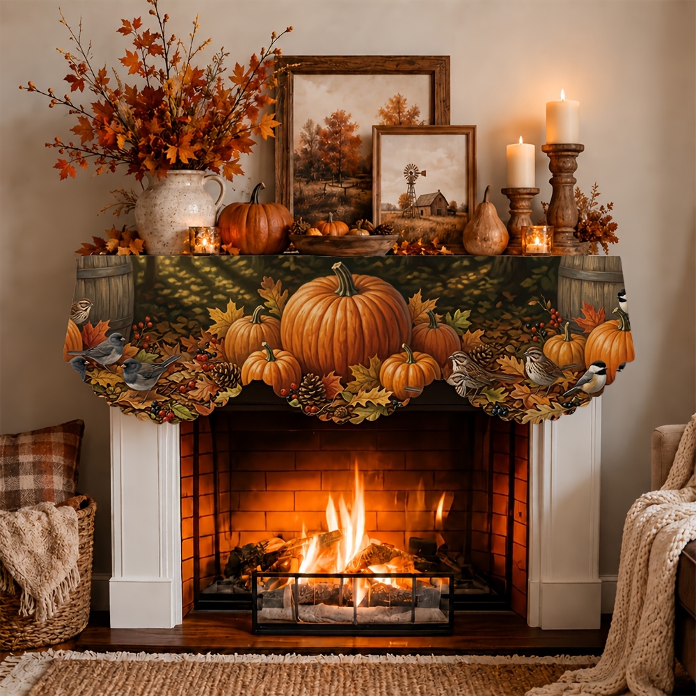 TEMU 1 pc Serviette de cheminée sur le thème de la décoration d'automne, ferme rustique d'automne, écharpe de cheminée de d'oiseaux de tonneau de