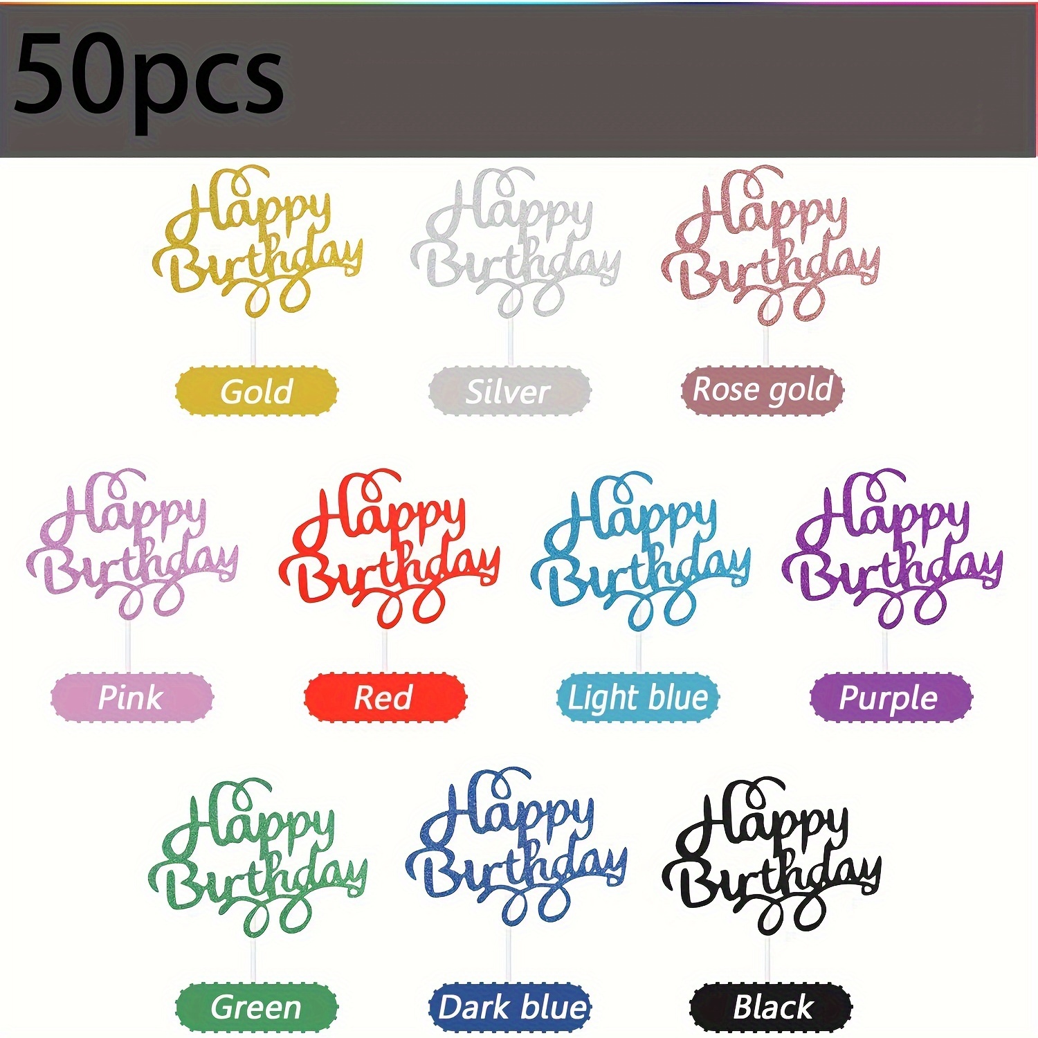 Image of 50pcs Glitter Cake Toppers, Happy Birthday Cake Toppers Birthday Cake Decorations Cupcake Topper Cake Desserts Pastries Fruit Picks Birthday Party Supplies