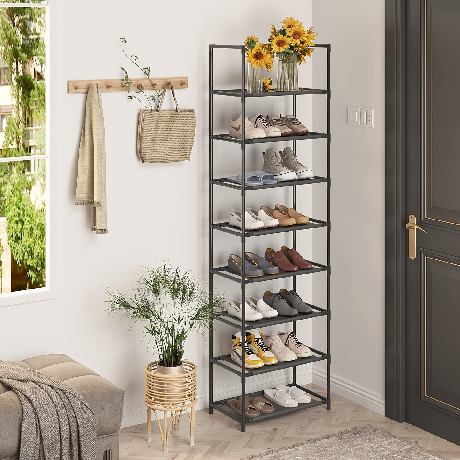 

1pc Alloy Steel 8-tier Metal And Plastic Shoe Rack, Large Capacity Storage Organizer For 14-16 Pairs, Versatile For Entryway, Bedroom, Hallway - Space-saving Shoe Cabinet With Metal Pipe Frame