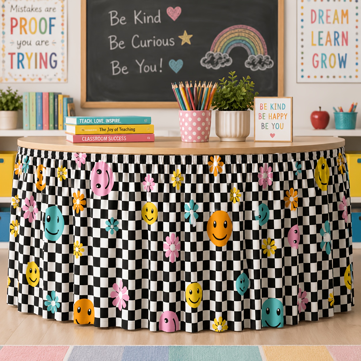 TEMU Halloween,christmas,1pc 1pcs Checkerboard Face & Daisy Table Skirt With Checkered & Colorful Faces/daisies - Suitable For Classroom Parties,
