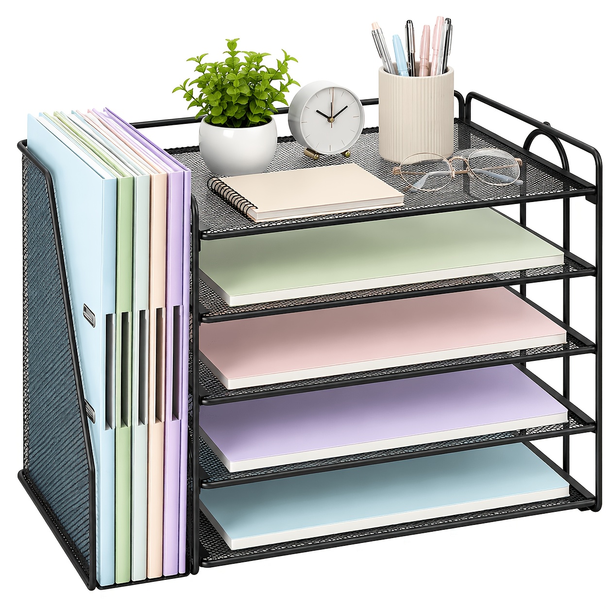 5-tier Desk Organizers And Accessories, Paper Letter Tray With File Holder, Office Organizer For Supplies And Catalogs (black)