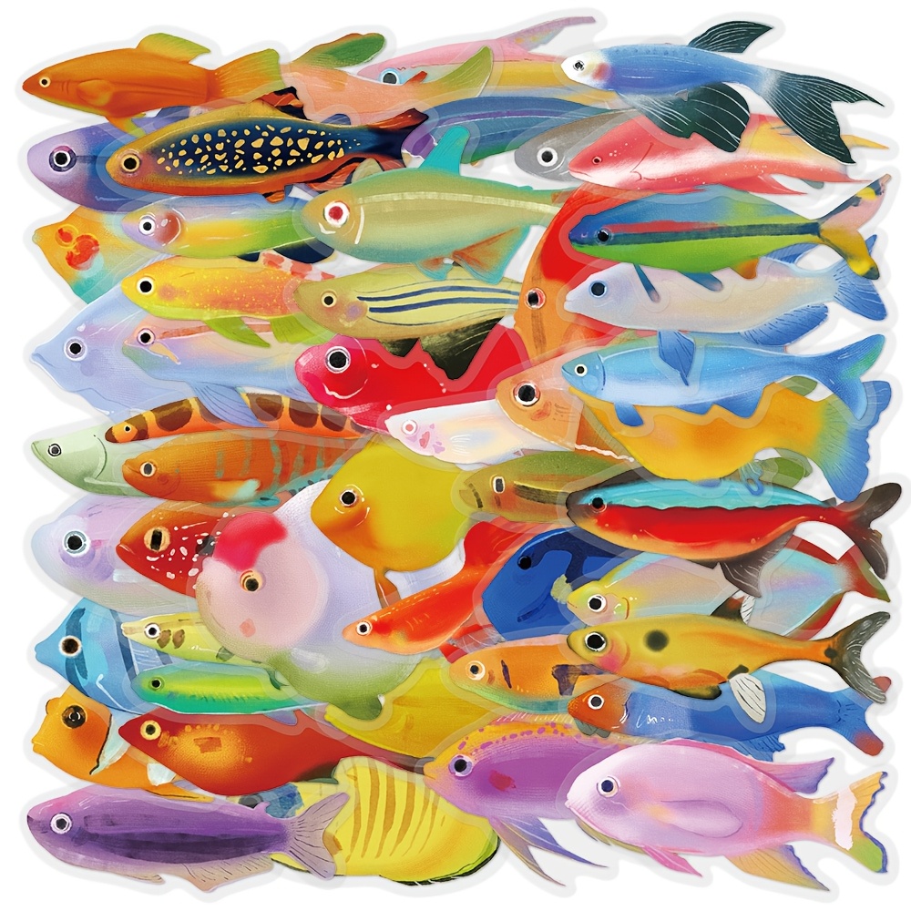 50pcs Colorful Fish Theme Stickers Diy Phone Laptop Suitcase Helmet Decoration Self-adhesive Pet Wall Stickers