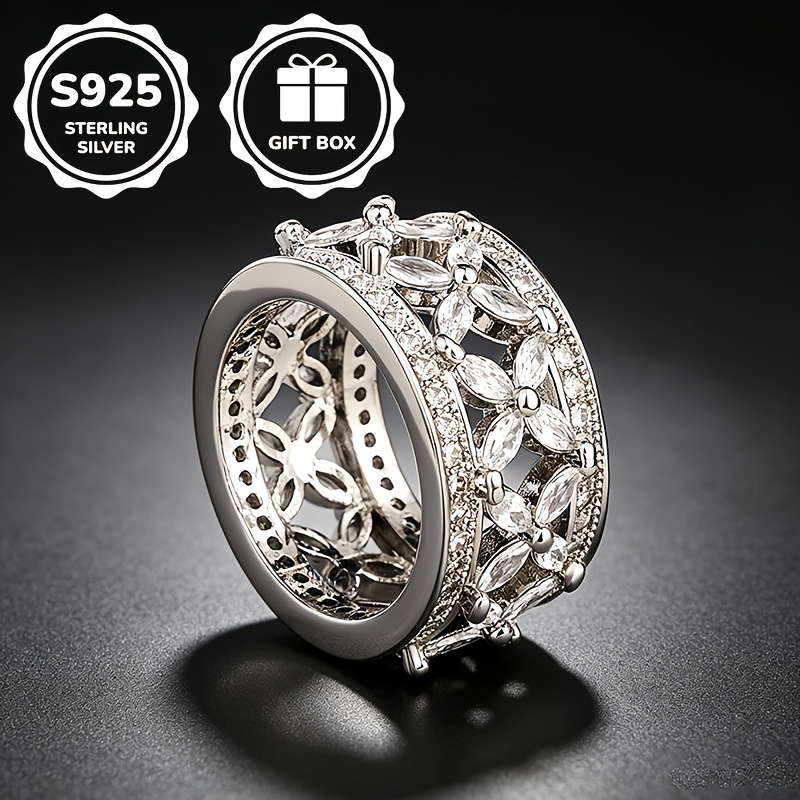 Image of 1pc S925 925 Silver Hollow Synthetic Synthetic Synthetic Zircon​​ Ring, Unisex, High-quality Jewelry, Sizes 6, Suitable For Daily Wear And Banquets, Best Christmas Gift