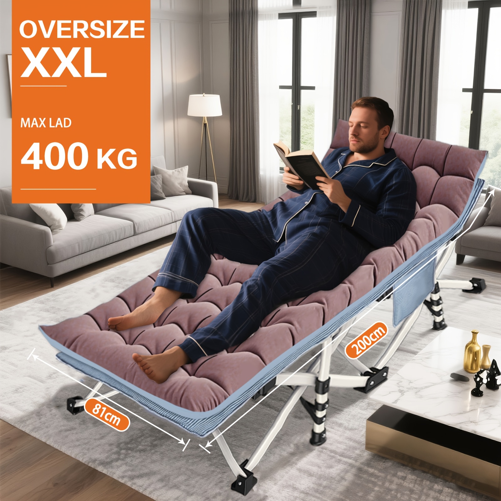 Image of Xxl Camping Cot With Mattress | 200 X 81cm, Load Capacity: 400 Kg, Comfortable For Adults, Extra Wide, Folding, Heavy Duty, Iron Material, With Carry Bag