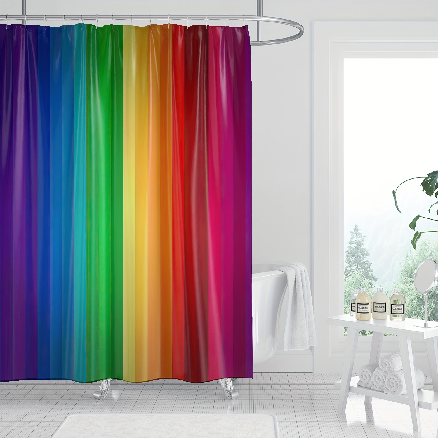 

1pc Modern Geometric Rainbow Striped Shower Curtain, Waterproof Shower Curtain With Hooks, Bathroom Partition, Bathroom Accessories, Home Decor