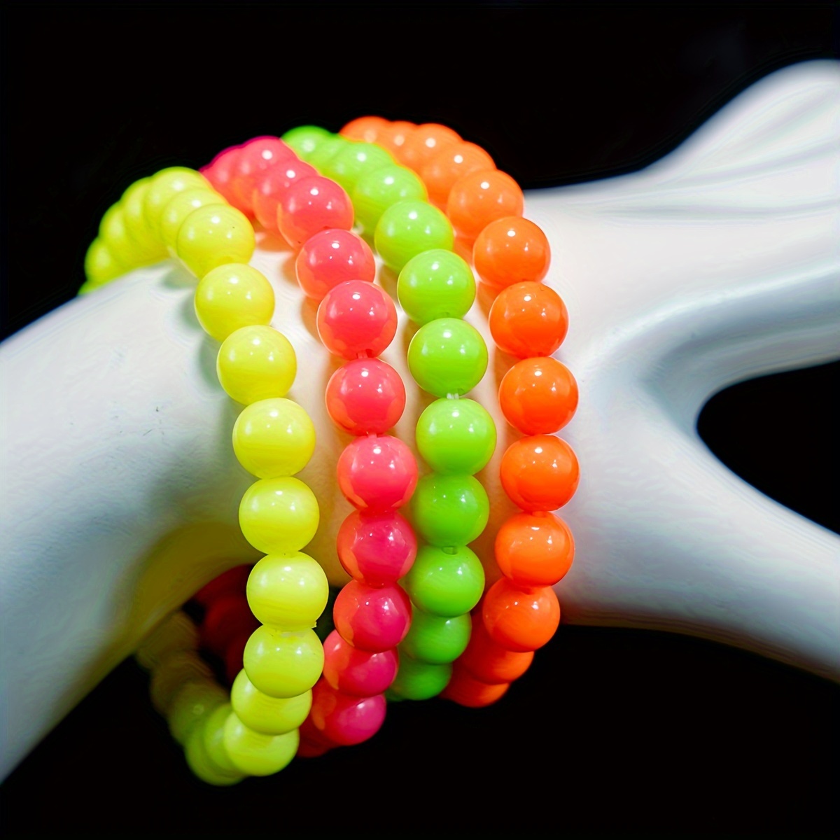 

Cute Style Fluorescent Beaded Bracelet Set, 4 Pieces, Plastic Handmade Stretch Jewelry, No Metal, Versatile Daily Wear, Perfect For Mardi Gras Day - All Seasons Accessory