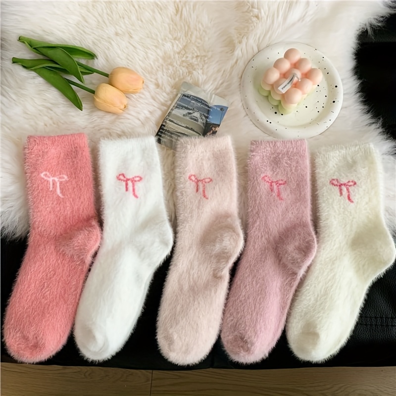 5 Pairs Women's Winter Socks Sweet Mid Calf Socks With Bows; Thick, Warm Sleep Socks