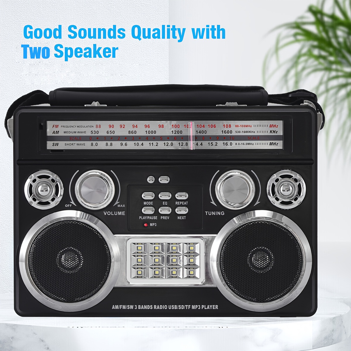 TEMU Portable Rechargeable Wireless Speaker With Am/fm/sw 3-band Radio, Built-in Flashlight, And Disco Floodlight, Featuring Usb/tf/aux