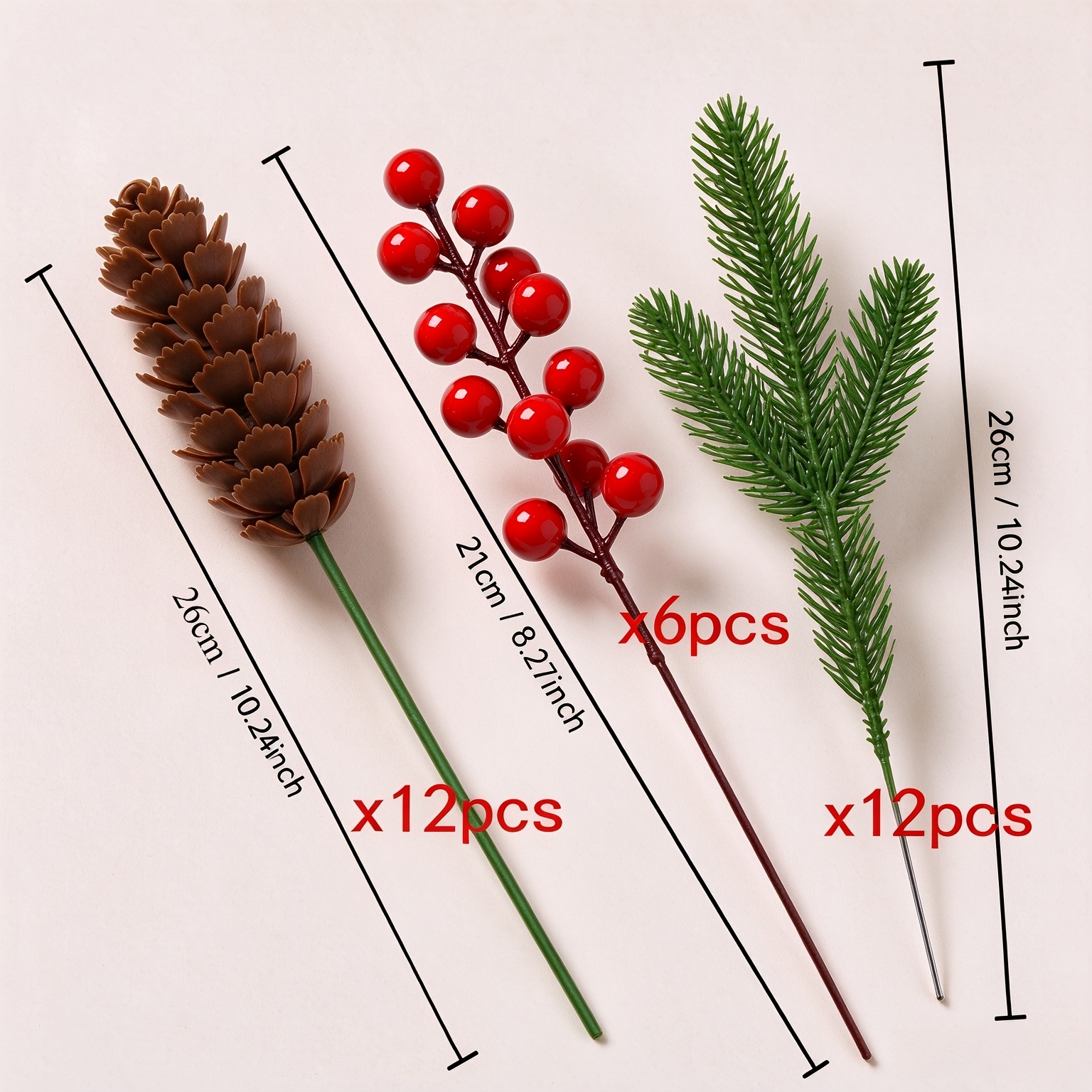 TEMU 30pcs Set Of Artificial Pine Branches And Pinecones With Red Berries Decoration, Realistic Plastic Pine Needles And Leaves, Sturdy Pinecones,