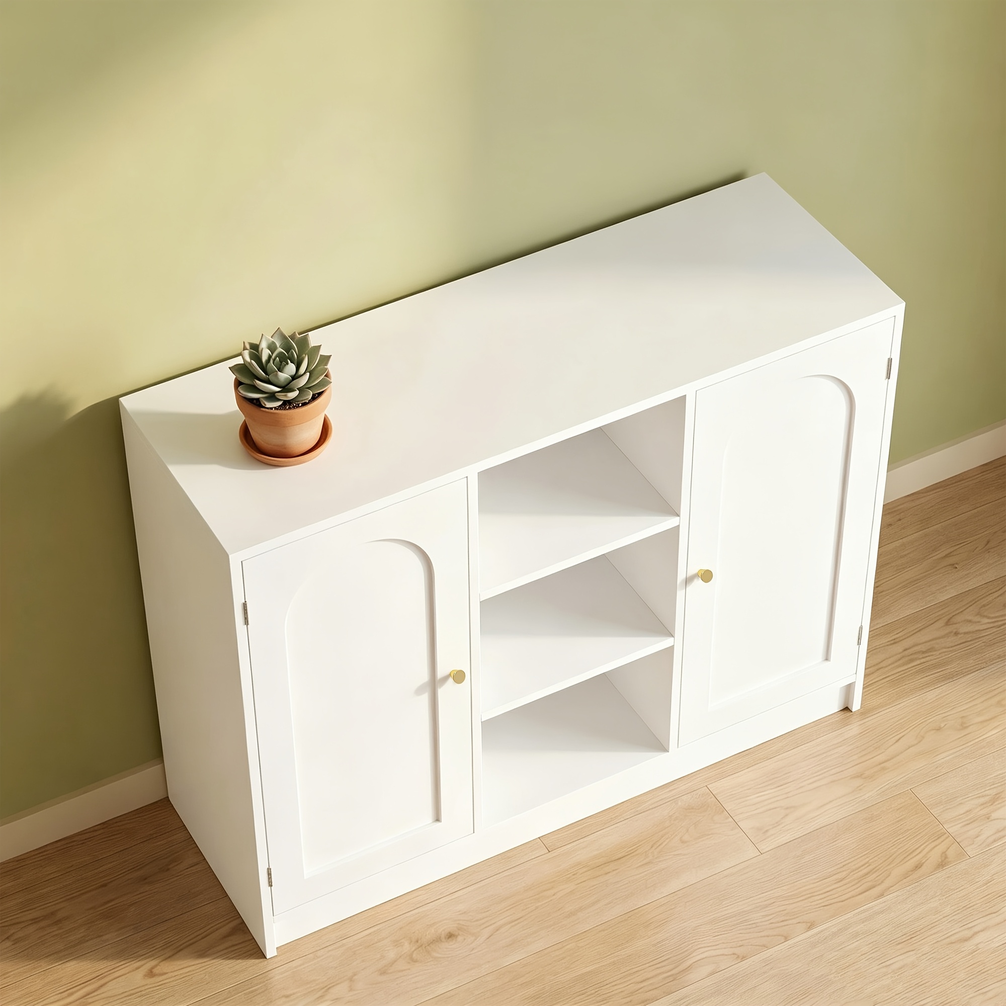Image of Modern Minimalist White Storage Cabinet/bathroom Vanity, Double-door Storage + Three-opening Shelves, Adjustable Partitions, Magnetic Silent Operation, Luxurious Golden Handles, Multi-scene Cabinet.