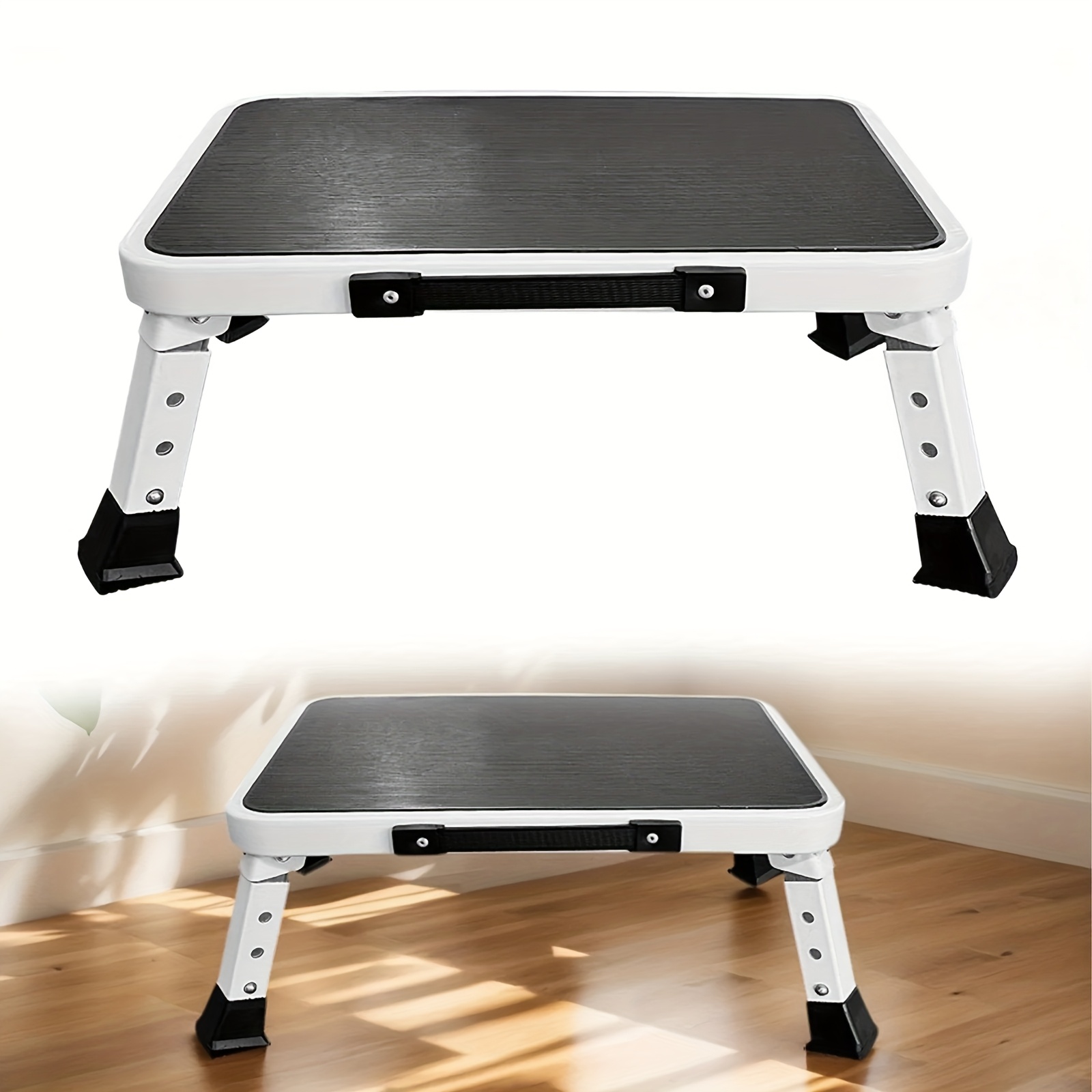 TEMU Heavy-duty Folding Step Stool With 3-level Adjustable Height (7"-9"), Portable Metal Step Stool With Non-slip Surface And Carry Handle, Safe