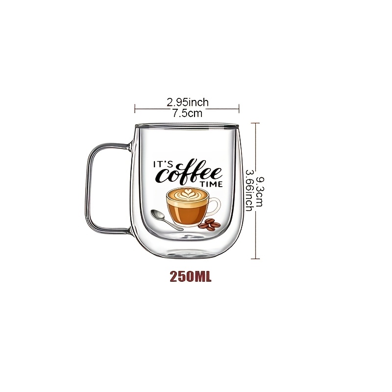 TEMU 1 tasse à café double paroi en verre borosilicate avec poignée - Transparente, motif , tasse isotherme, convient pour cappuccino, thé, latte et