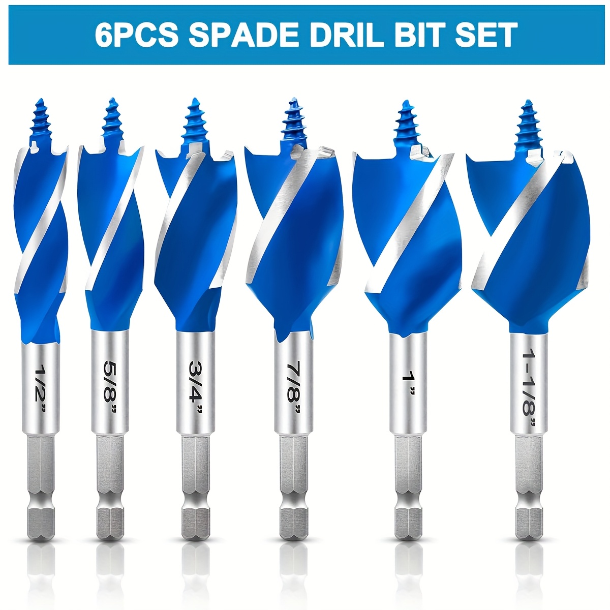 TEMU 6pcs Impact Wood Drill Bit, Auger Drill Bit Set For Wood, 1/2", 5/8", 3/4", 7/8", 1" And 1-1/8" Inch Size, With Hex Shank Quick Change For