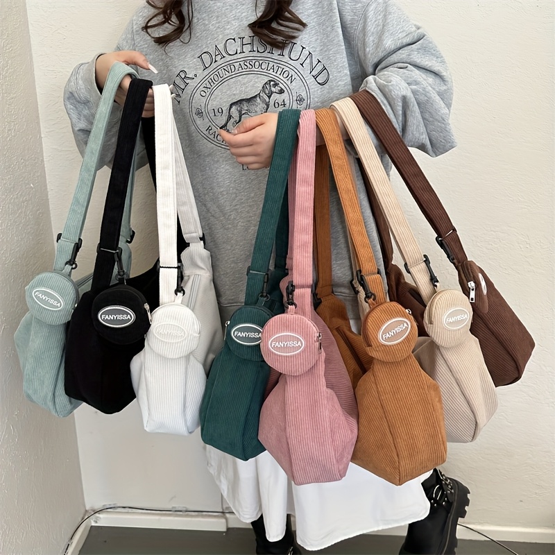 

Corduroy Messenger Bag Set For Women, Casual Large Capacity Shoulder Crossbody Bags, Seasonal Fashion Korean Style Dumpling Shape, Assorted Colors, Simple Unlined Design With Material