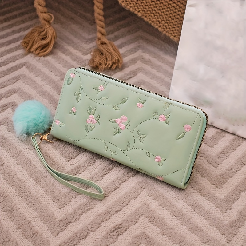 

Floral Embroidery Women's Clutch Wallet With Pom Pom Charm, Elegant Long Purse With Multiple Card Slots