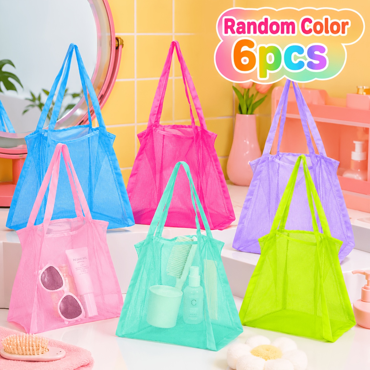 TEMU 6-pack Random Color Mesh Tote Bags, Long Strap Transparent Mesh Handbags, Lightweight Foldable Mesh Storage Shoulder Bags, Large Capacity