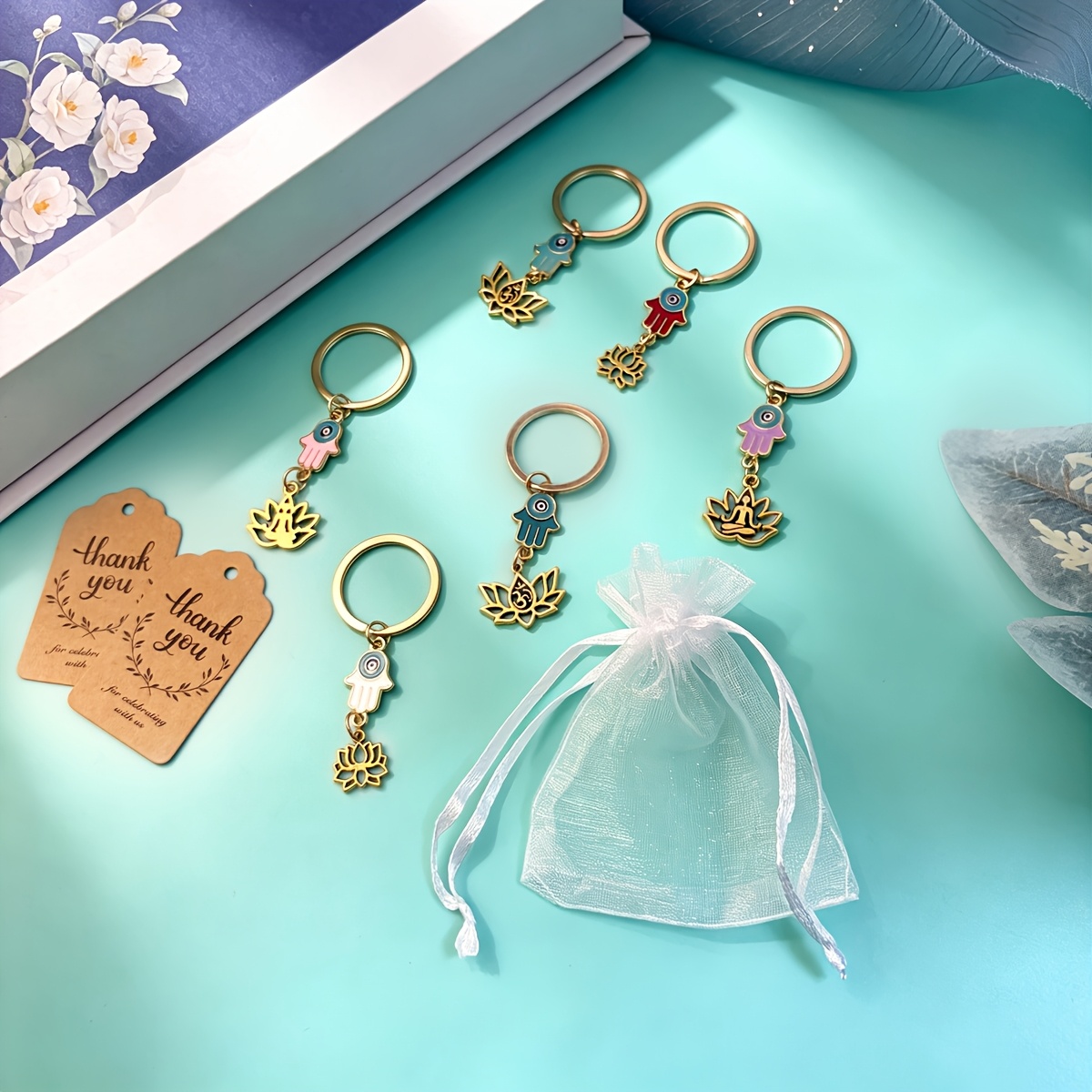 54pcs Vintage Ethnic Style Palm Lotus Flower Pendant Keychain Pack
