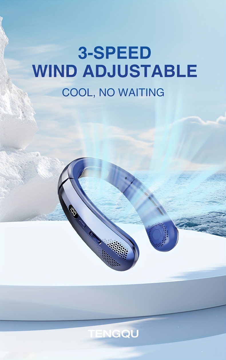   1pc portable neck fan adjustable wind speed usb charging low power consumption long   led display indoor outdoor use plastic material with power cord key control wearable design details 0