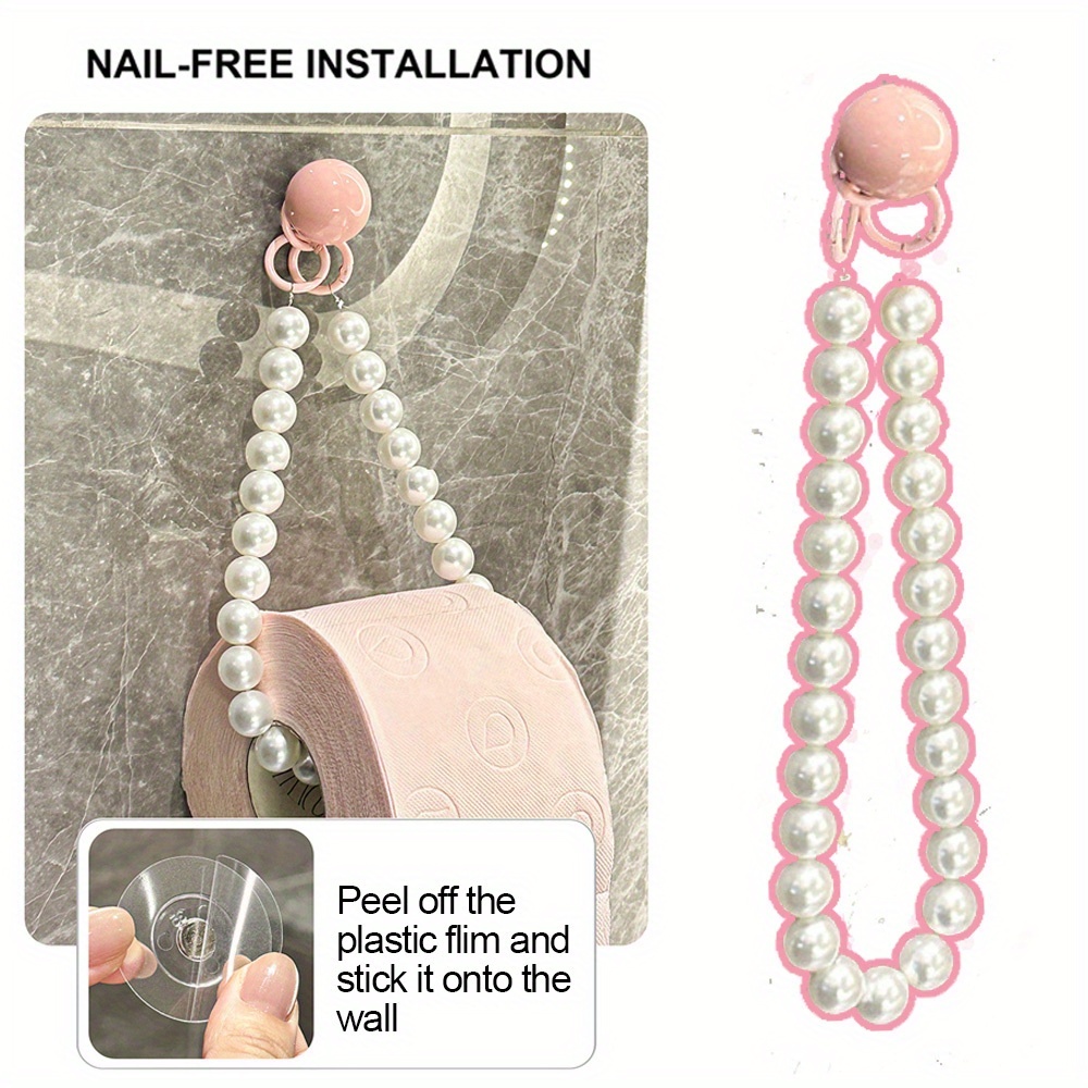 Elegant Pink Pearl & Bead Wall-Mounted Toilet Paper Holder - Nail-Free Installation, Self-Adhesive, Polished Finish, Ideal for Modern Bathroom Decor, Bathroom Organizer|Decorative Wall Holder|Durable Plastic, Toilet Paper Holder