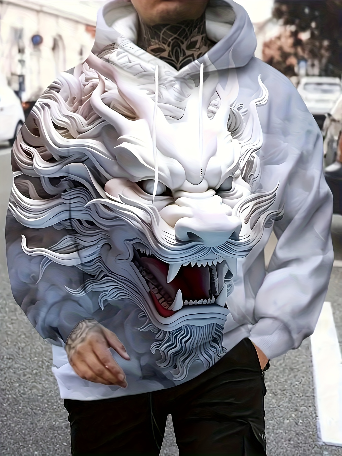 Wit/grijze herenhoodie met drakenprint