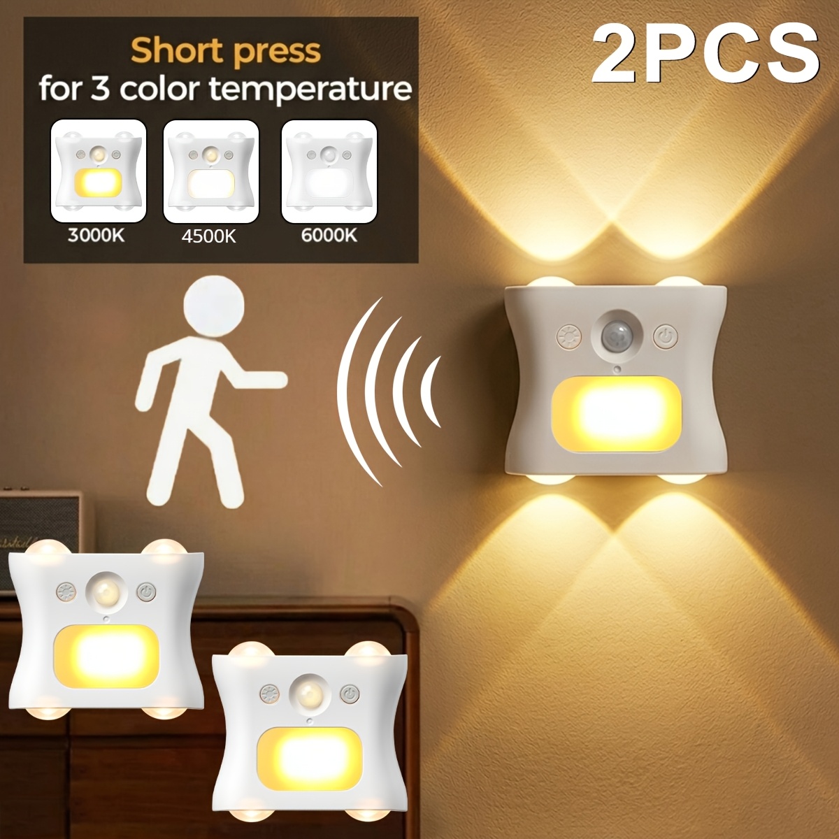 TEMU 1/2/4pcs Rgb Motion Sensor Wall Light, Usb Rechargeable Magnetic Led Night Light, With Remote Control, 1800mah, 4-head Projection Lamp With